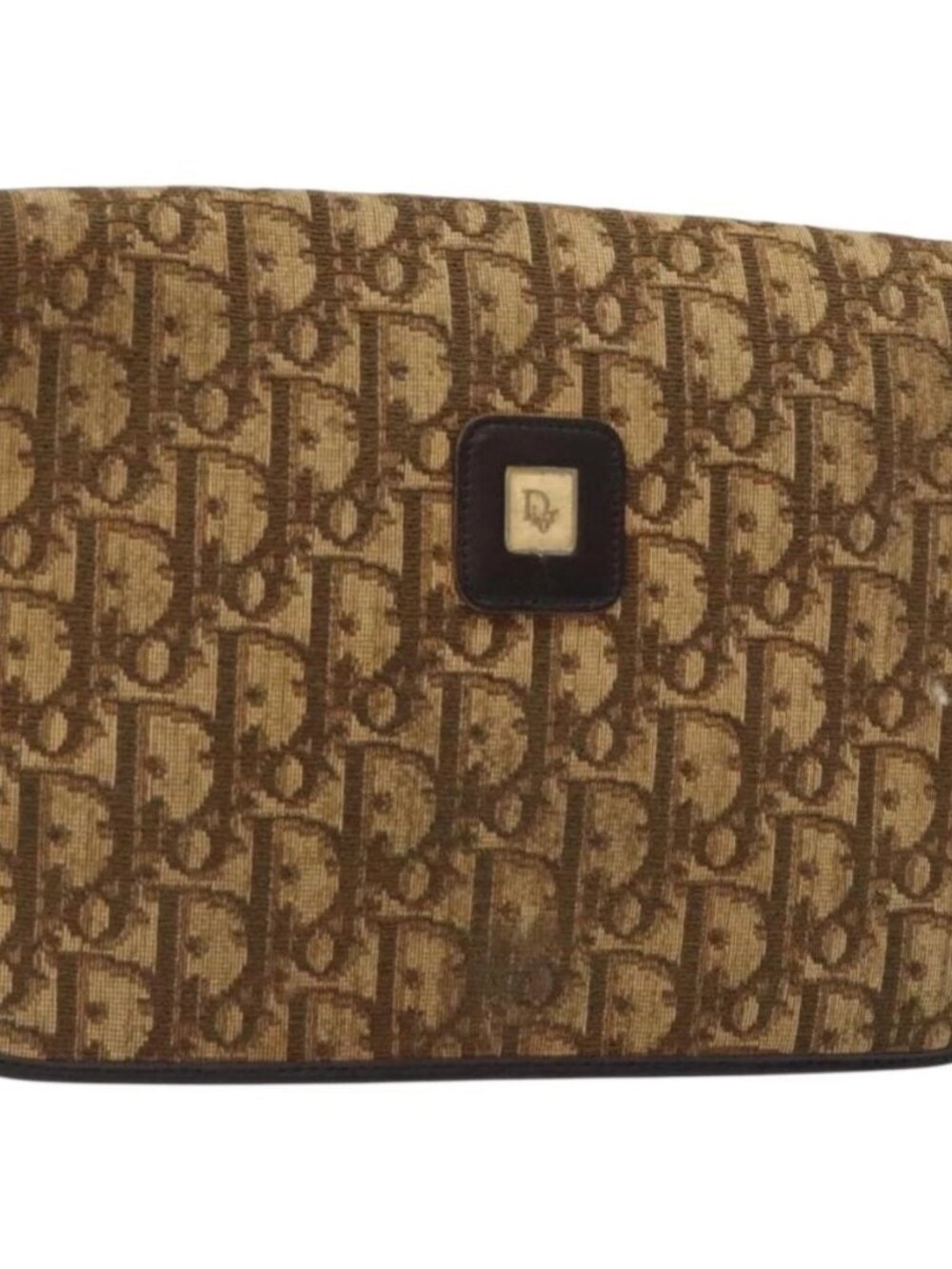 Christian Dior Trotter Canvas Shoulder Bag Brown Gold Auth 129621